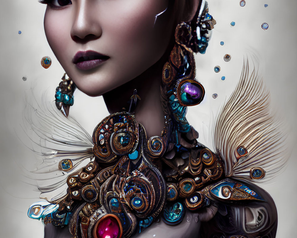 Detailed digital artwork of woman adorned with feathered accessories and intricate makeup