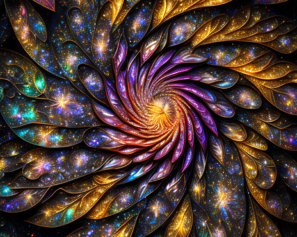 Colorful digital artwork: Cosmic spiral pattern in gold and blue hues, resembling a stylized galaxy with