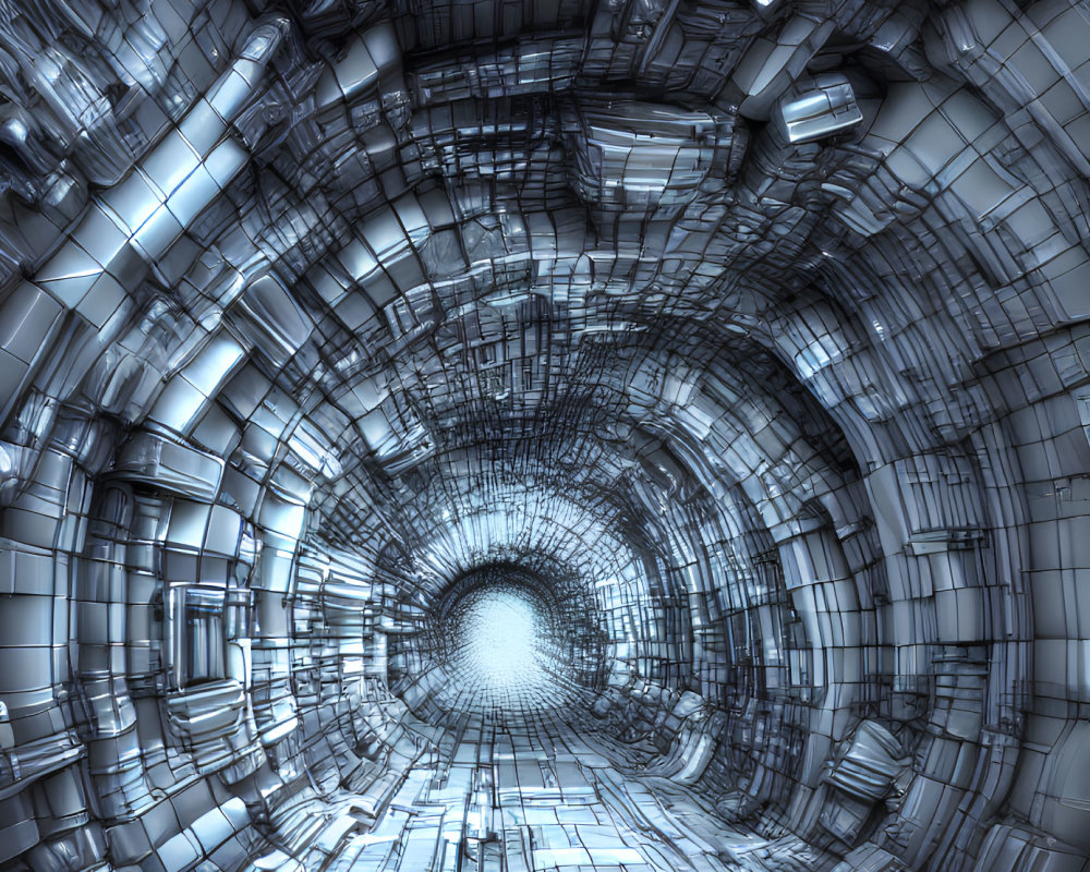 Futuristic metallic tunnel with geometric patterns and bright light