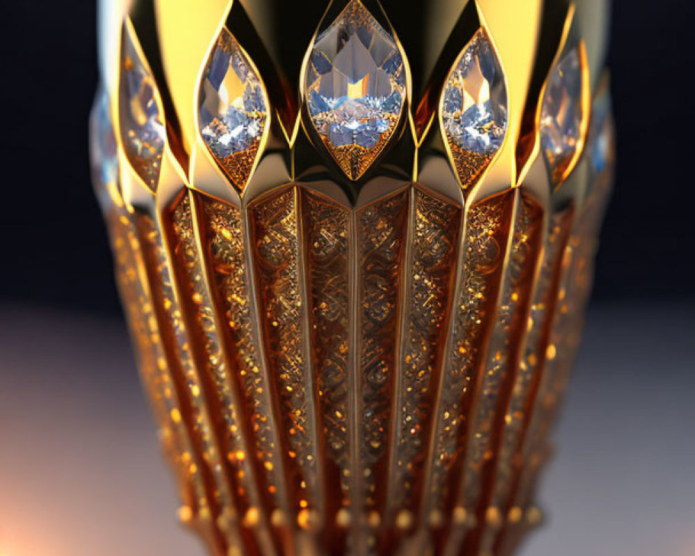 Golden goblet with intricate patterns and jewel inlays on dark background