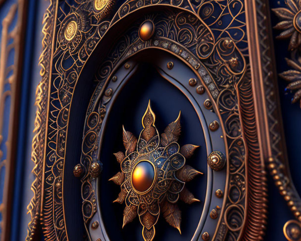 Detailed Golden Mandala Design on Dark Blue Background with Copper Tones