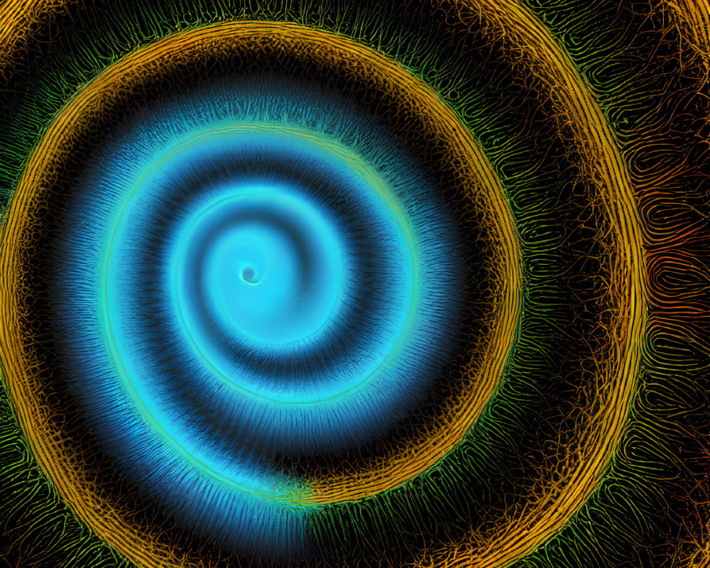 Colorful concentric circles digital art with glowing blue core on black background