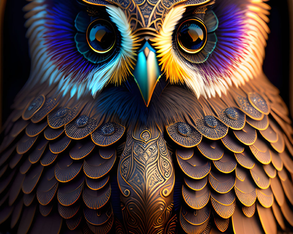 Colorful Owl Artwork with Blue Eyes on Ornamental Background