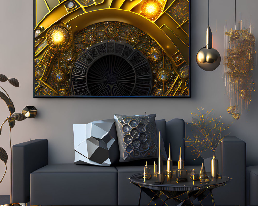 Contemporary living room with dark blue sofa, geometric pillows, round glass coffee table, golden decor,