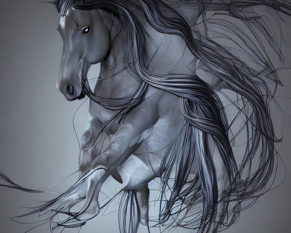 Monochromatic 3D horse illustration with flowing hair