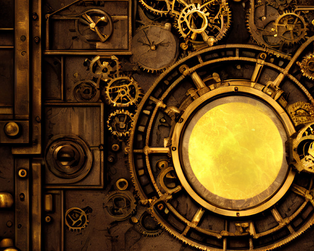 Steampunk-style door with bronze and gold gears and circular viewport