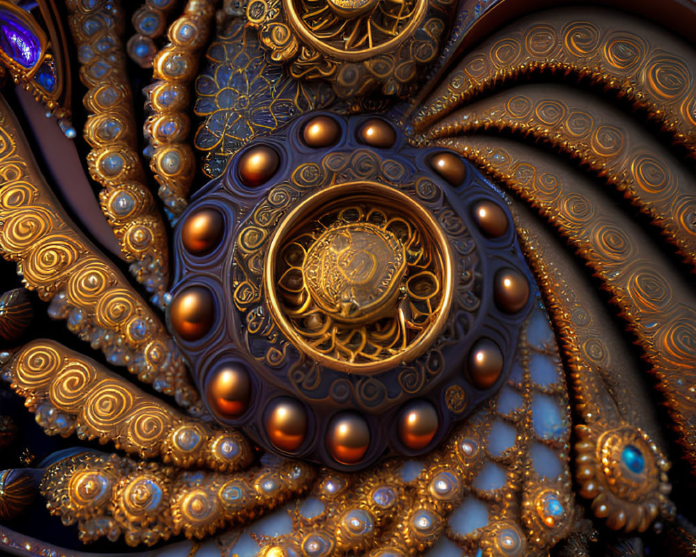 Detailed fractal art with swirling patterns and jeweled elements in browns, golds, and blues