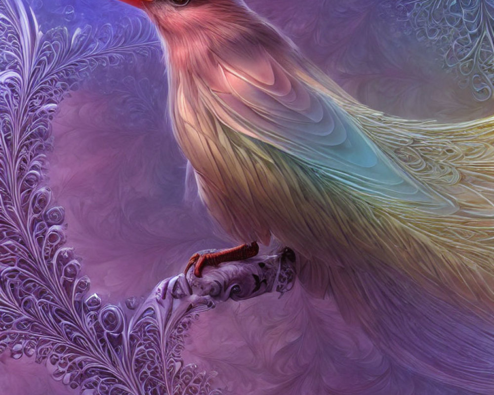 Colorful Bird Digital Artwork on Fractal Branch with Purple Background