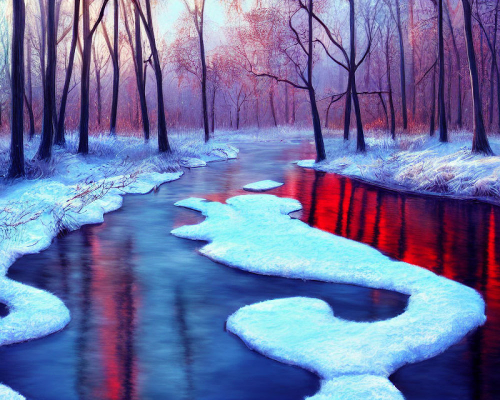 Winter landscape: meandering river, snow patches, leafless trees, pinkish-blue sky