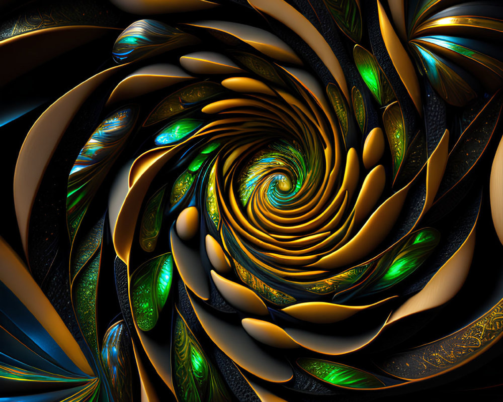 Spiraling Peacock Feather Fractal in Blues and Greens