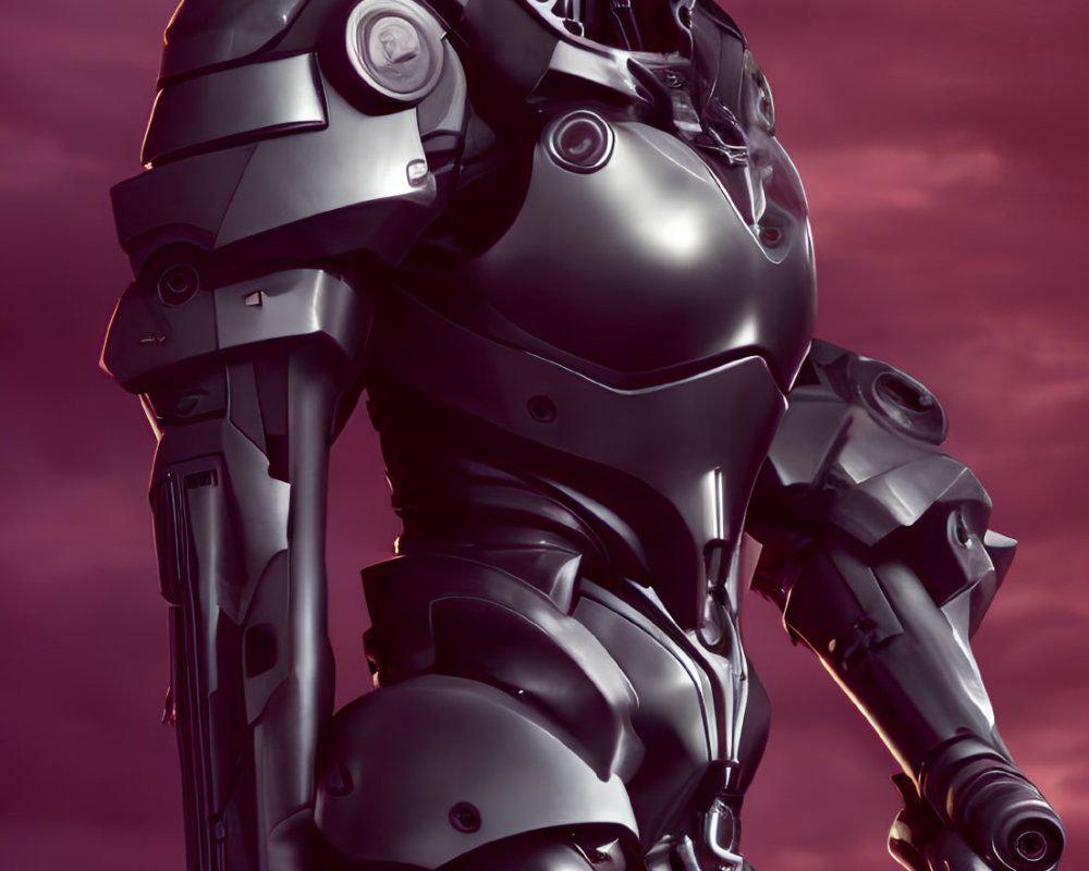 Medium-length hair person in futuristic armored exoskeleton suit against reddish-purple sky