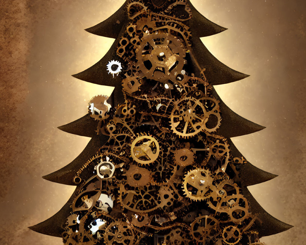 Steampunk-style Christmas tree adorned with bronze gears and cogs, topped with a star