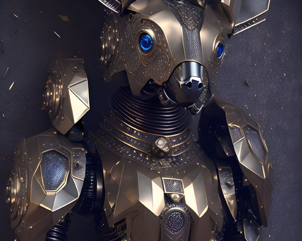 Detailed metallic robot with cat-like head and glowing blue eyes on dark background.