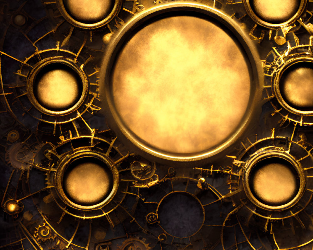 Steampunk-inspired background with gold and brass gears and glowing orb