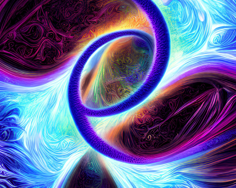 Colorful Abstract Digital Art: Luminous Double-Ring Structure with Blue, Purple, and Pink