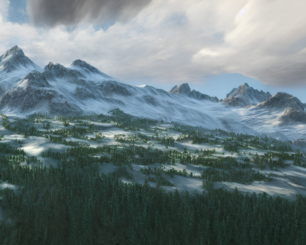 Snowy mountains, forest, and meadows in serene landscape