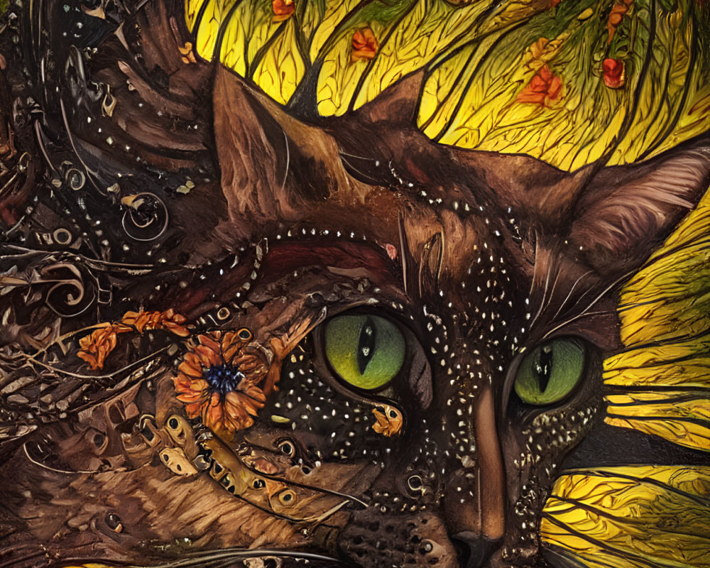 Colorful Cat Artwork with Green Eyes and Floral Background