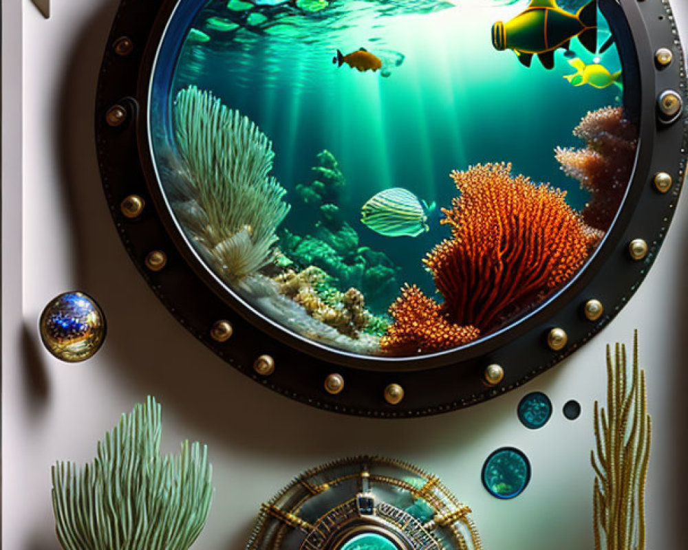 Colorful underwater scene with tropical fish, coral reefs, metallic hatch, and oceanic decor