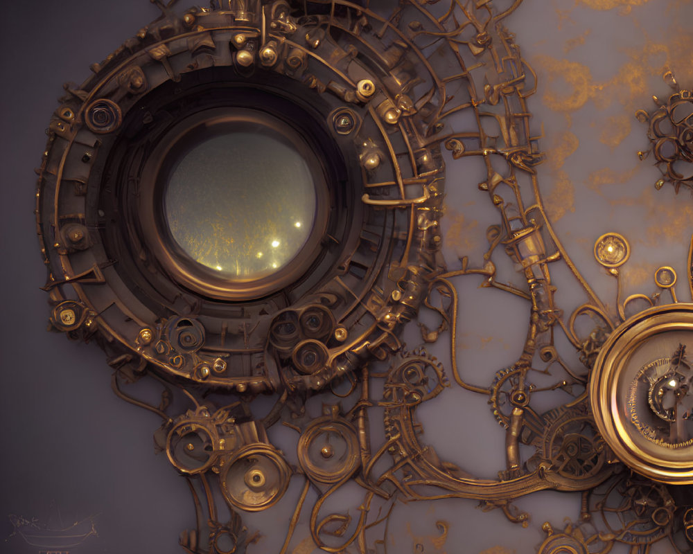 Detailed Steampunk-Style Circular Window with Gears and Pipes