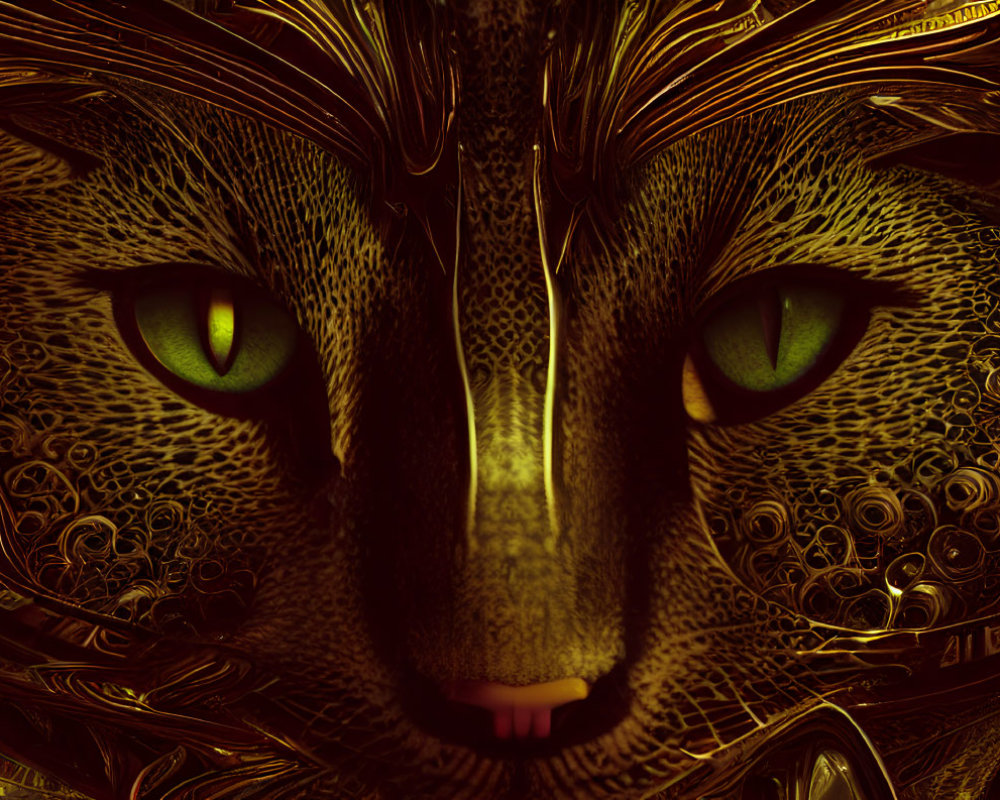 Close-up Digital Artwork: Cat's Face with Intricate Golden Patterns and Hypnotic Green Eyes