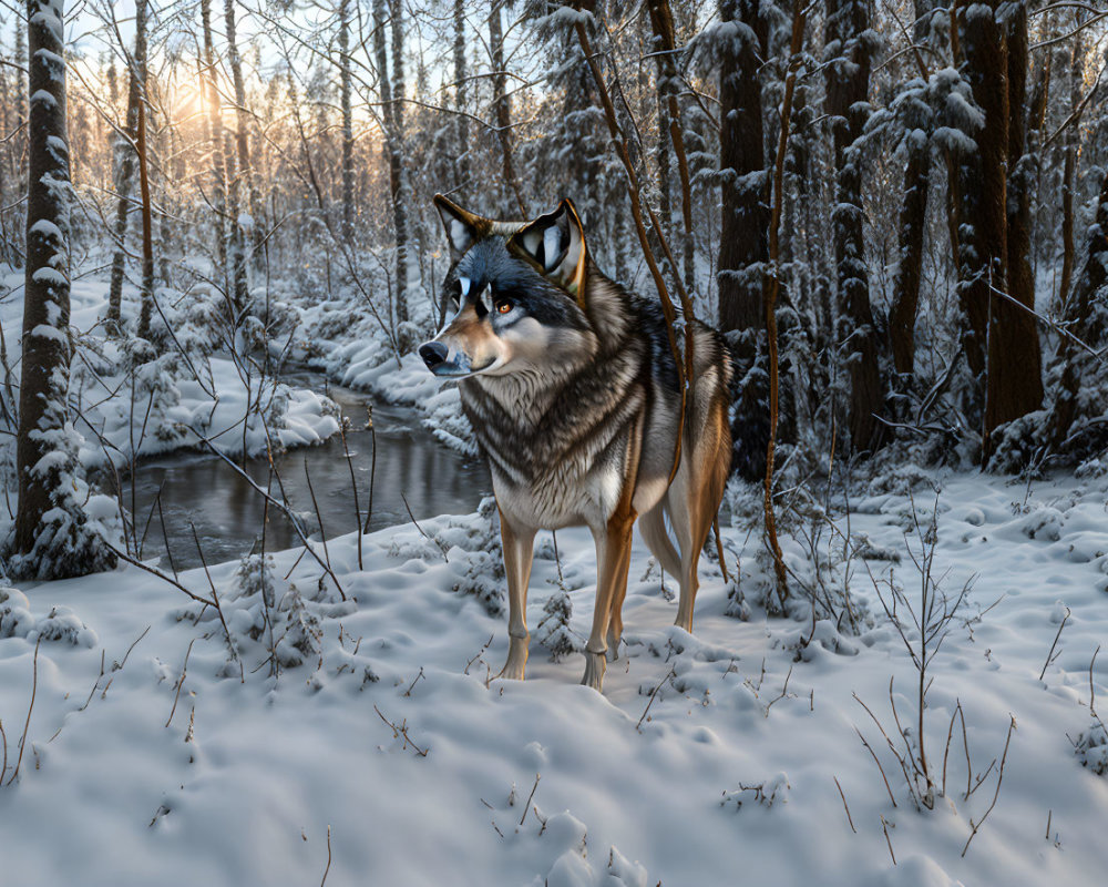 Majestic husky in snowy forest with sunlight filtering through trees