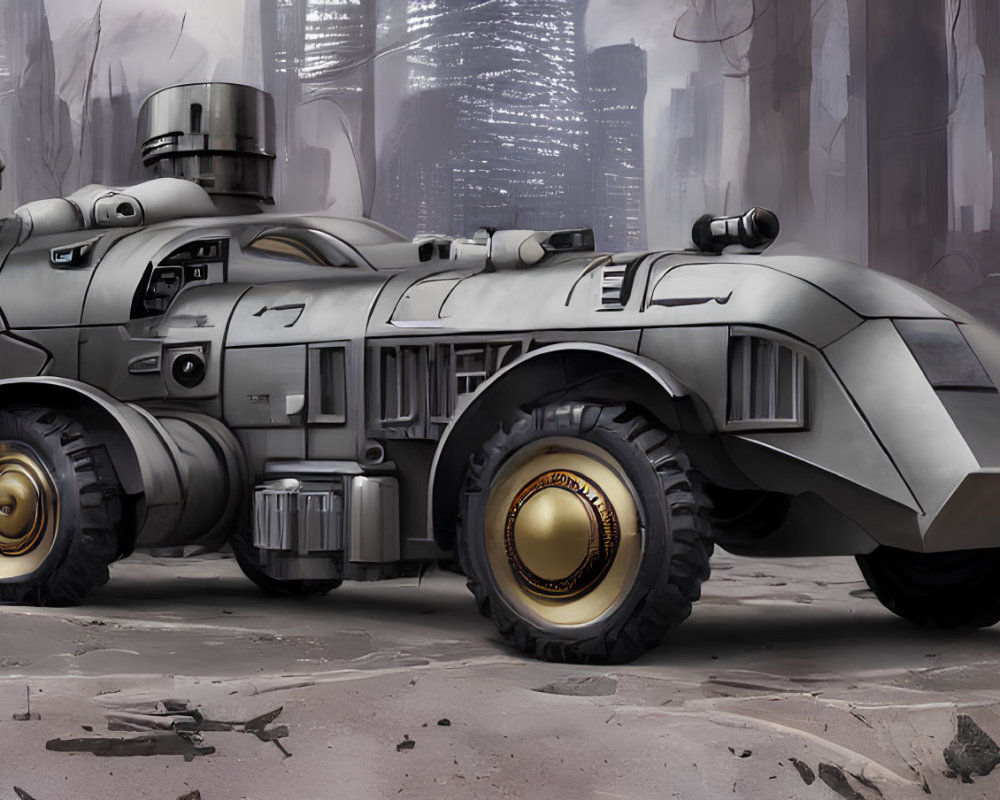 Robust futuristic military vehicles in war-torn landscape