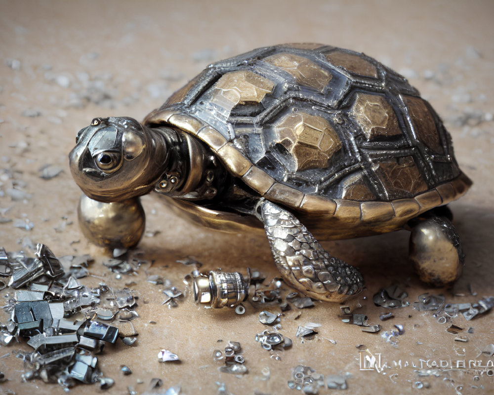 Metallic Turtle Sculpture on Sandy Surface with Miniature Metal Parts