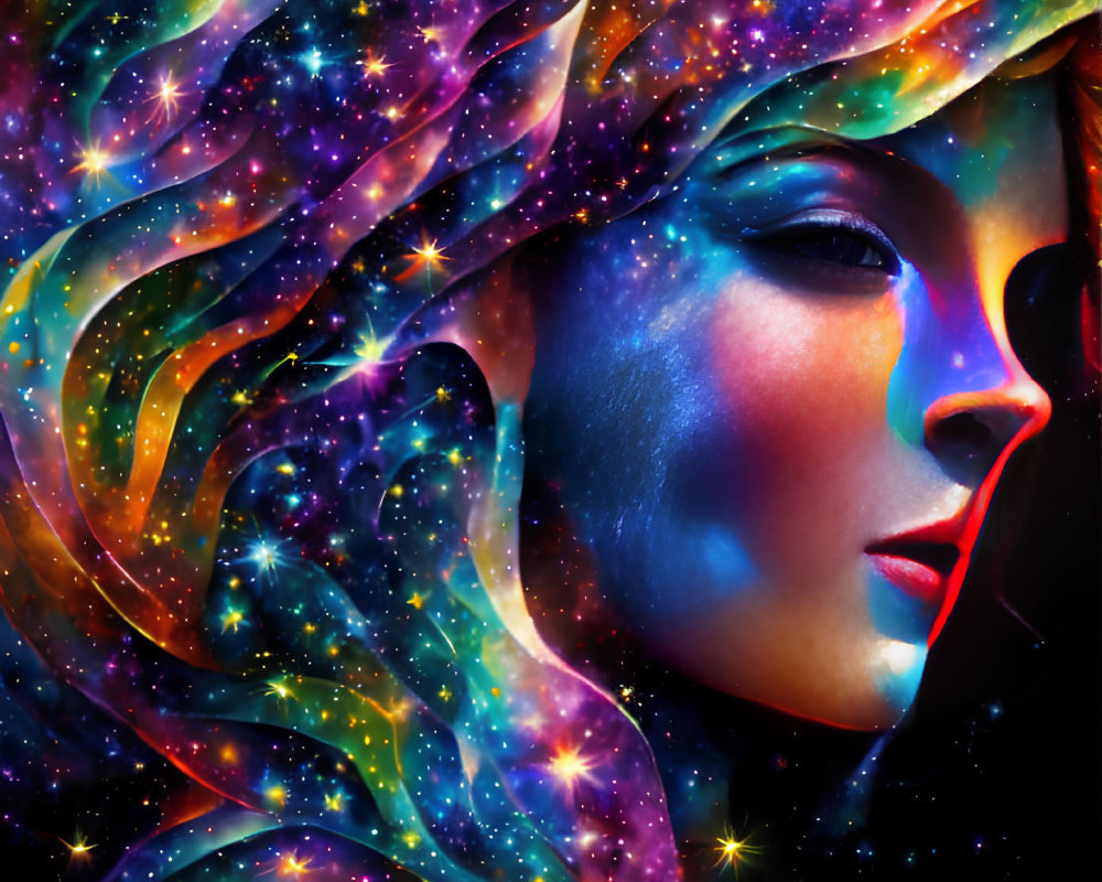 Colorful Galaxy Woman Profile Artwork with Cosmic Elements