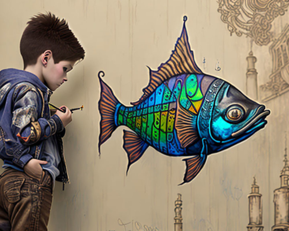 Boy with Mohawk and Denim Jacket Next to Colorful Fish Mural