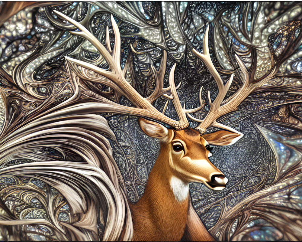 Majestic deer with intricate metallic fractal background