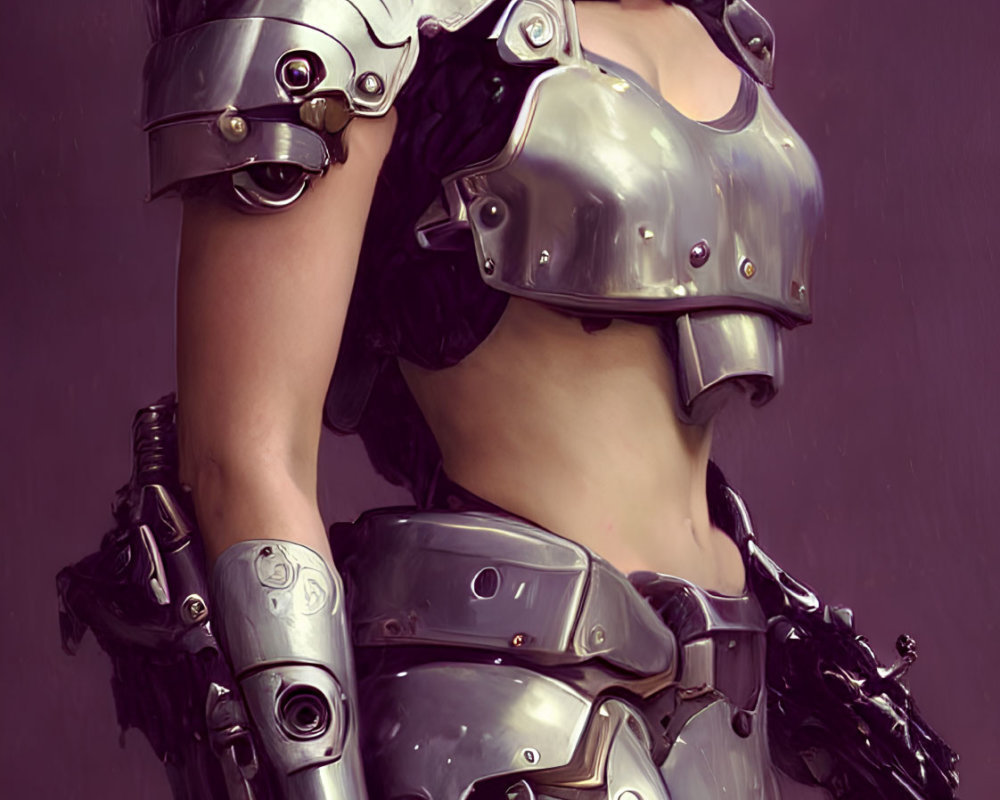 Digital artwork: Woman in futuristic armor with brown hair confidently gazing.