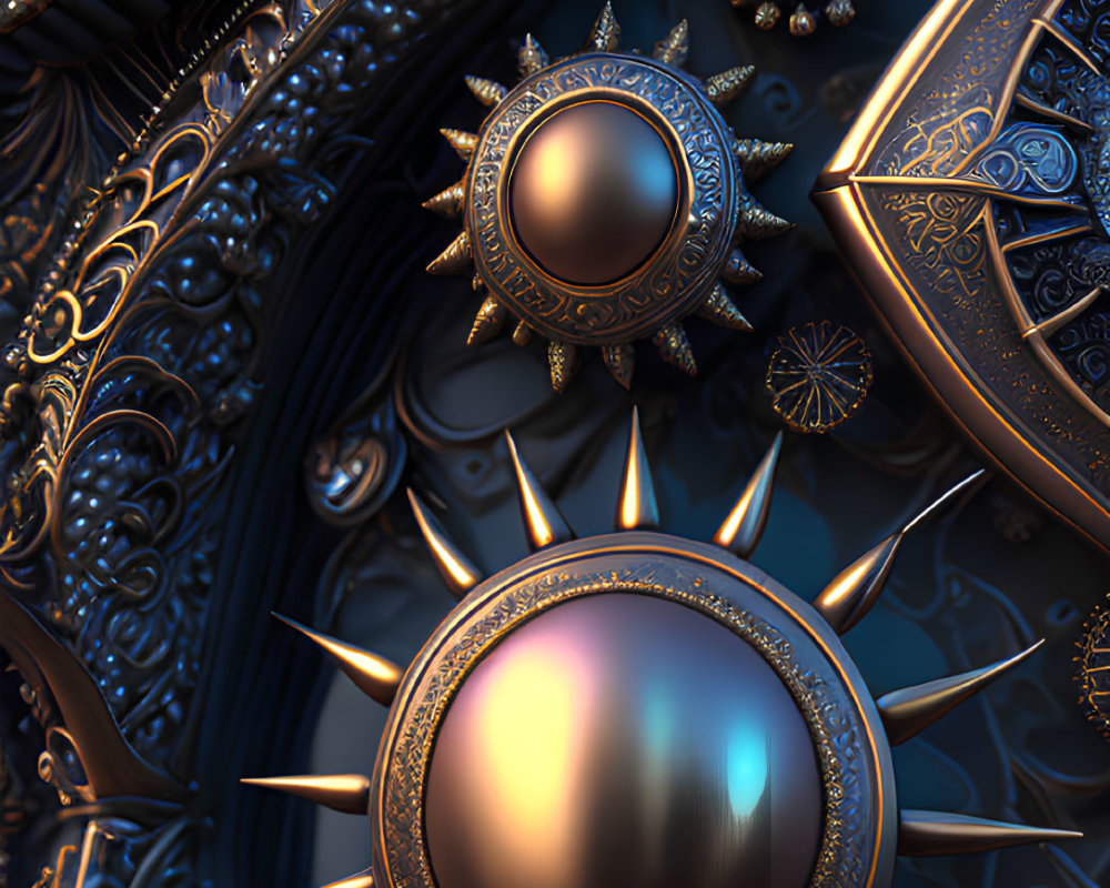 Metallic Fractal Design with Spherical Elements in Blue and Bronze