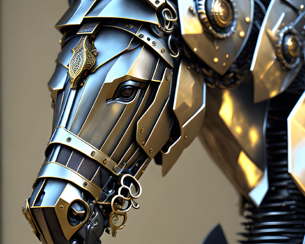 Detailed 3D rendering of metallic steampunk horse head with gears and mechanical components