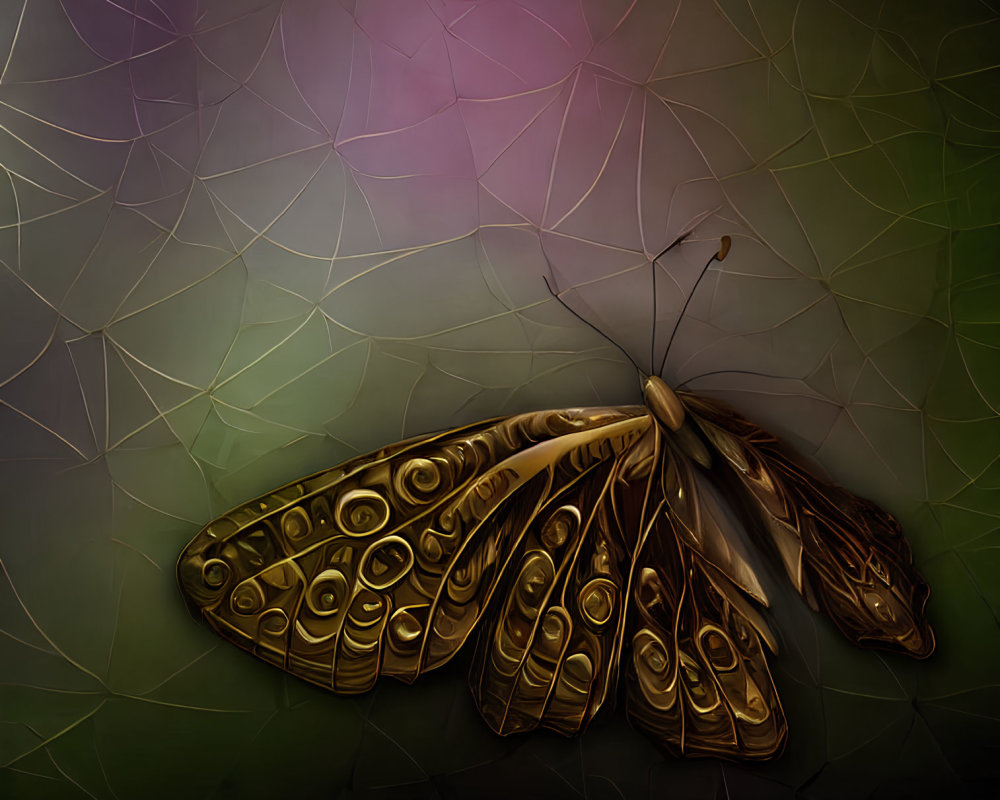 Digitally created butterfly with intricate wing patterns on multicolored background