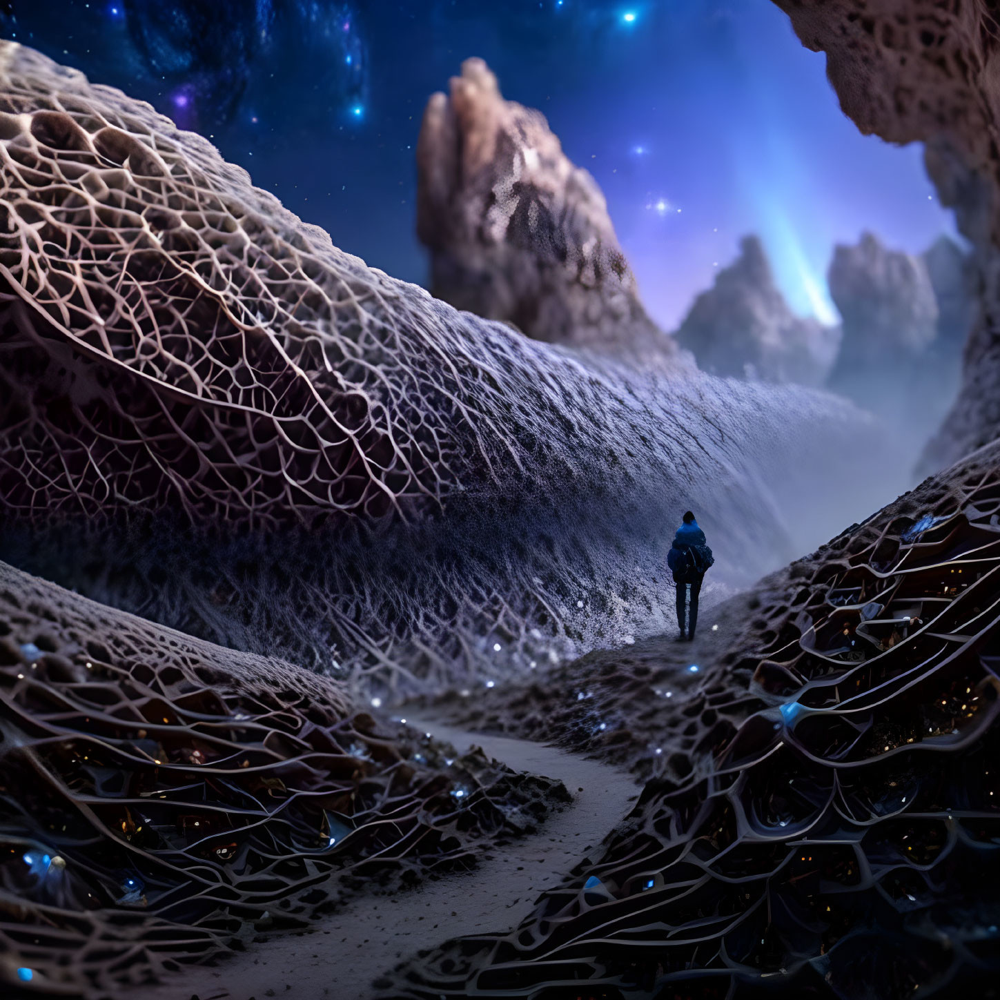 Exploration of alien landscape with intricate web-like structures