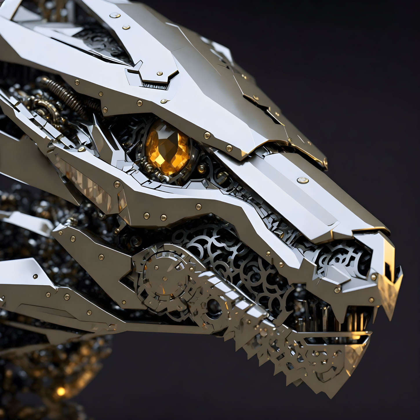 Detailed Close-Up of Intricate Mechanical Dragon Head with Glowing Orange Eye