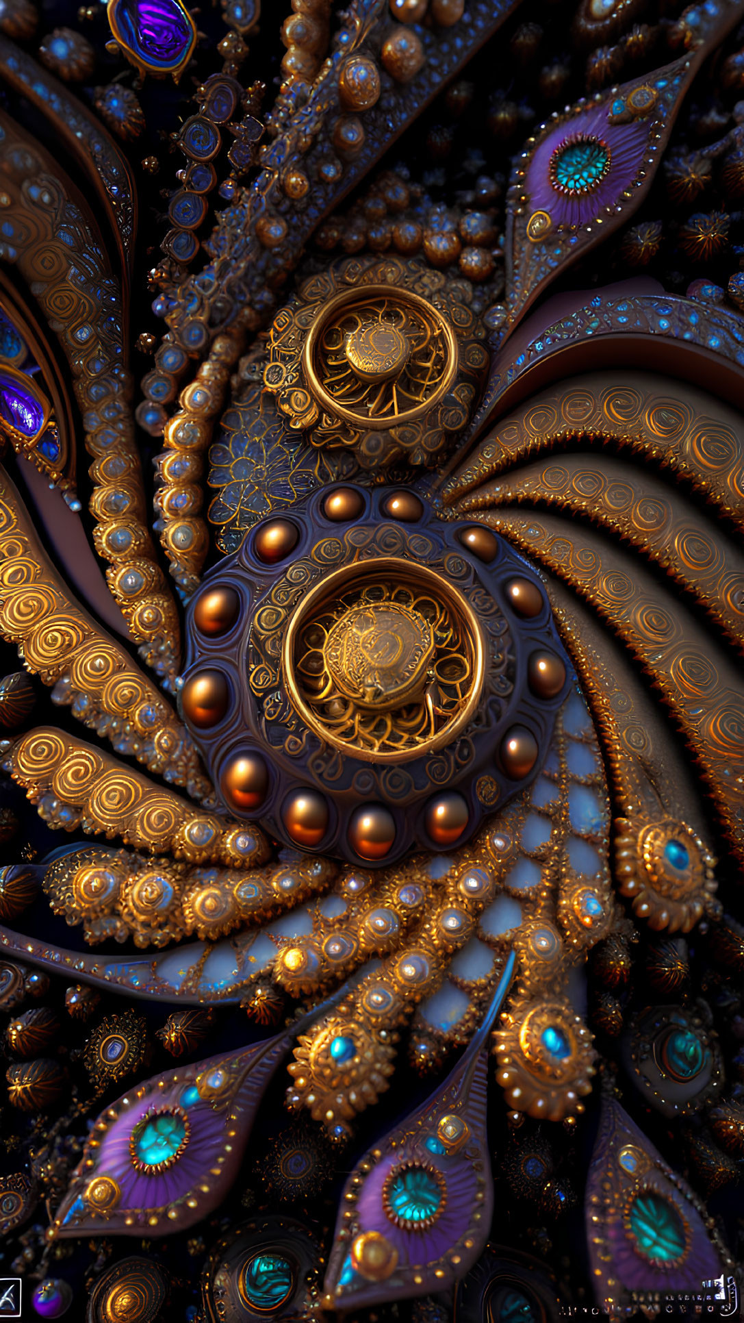 Detailed fractal art with swirling patterns and jeweled elements in browns, golds, and blues