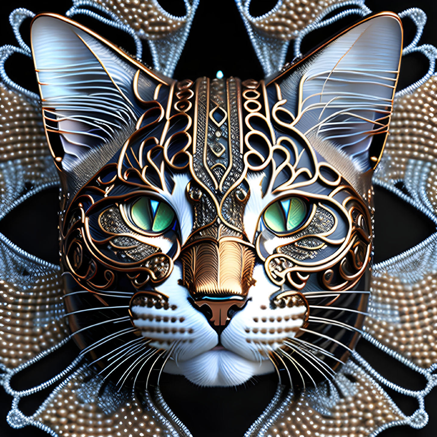 Stylized cat's face digital artwork with turquoise eyes on black background