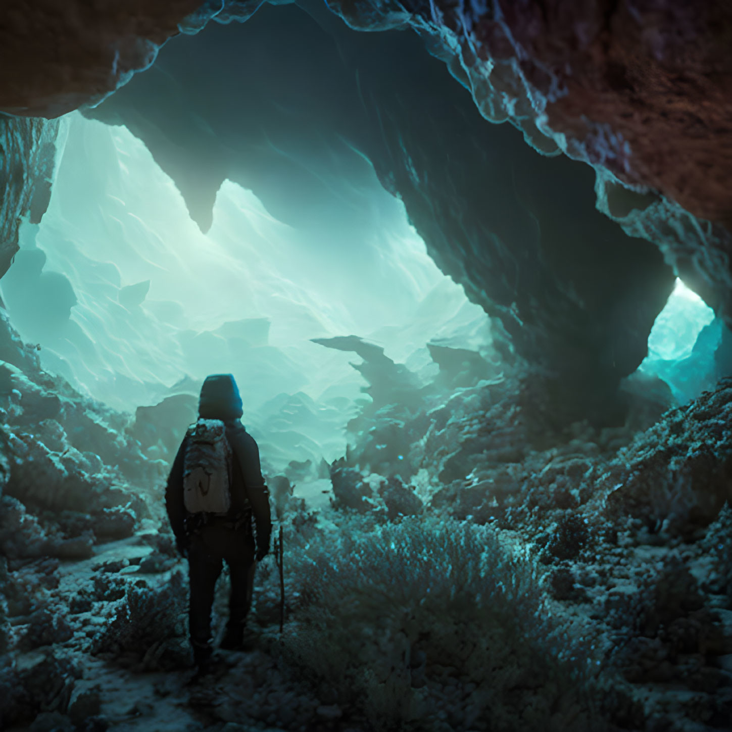 Explorer stands at icy cave entrance under blue light