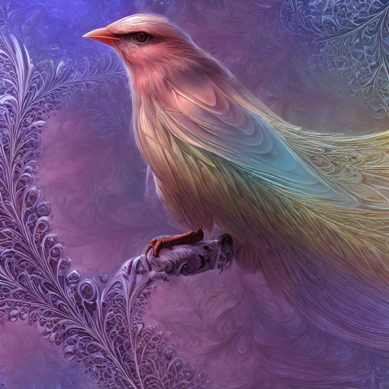 Colorful Bird Digital Artwork on Fractal Branch with Purple Background