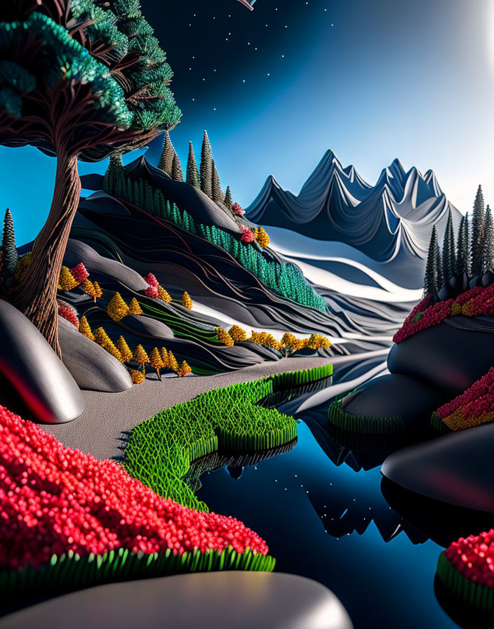 Colorful Trees, Mountains, River & Starry Sky Landscape