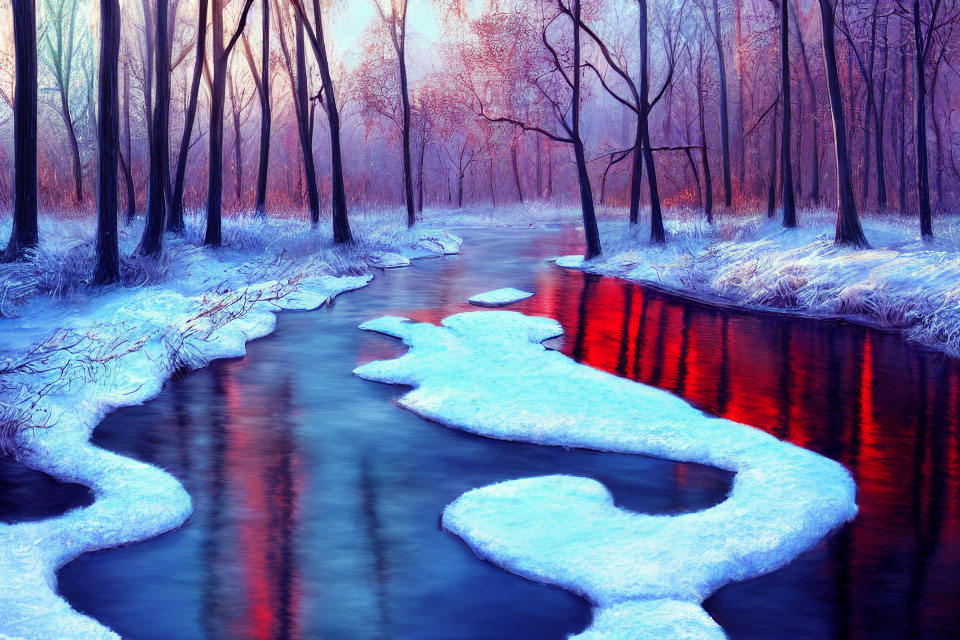 Winter landscape: meandering river, snow patches, leafless trees, pinkish-blue sky