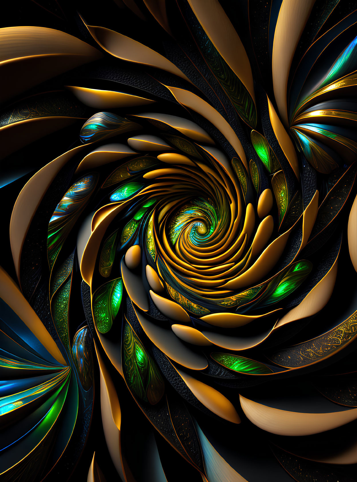 Spiraling Peacock Feather Fractal in Blues and Greens