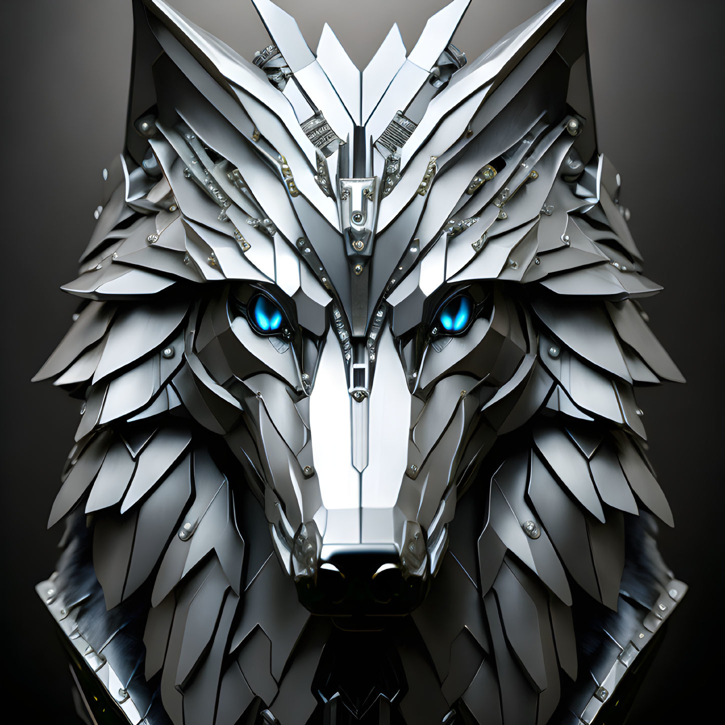 Metallic Wolf Mask with Layered Plates and Intense Blue Eyes