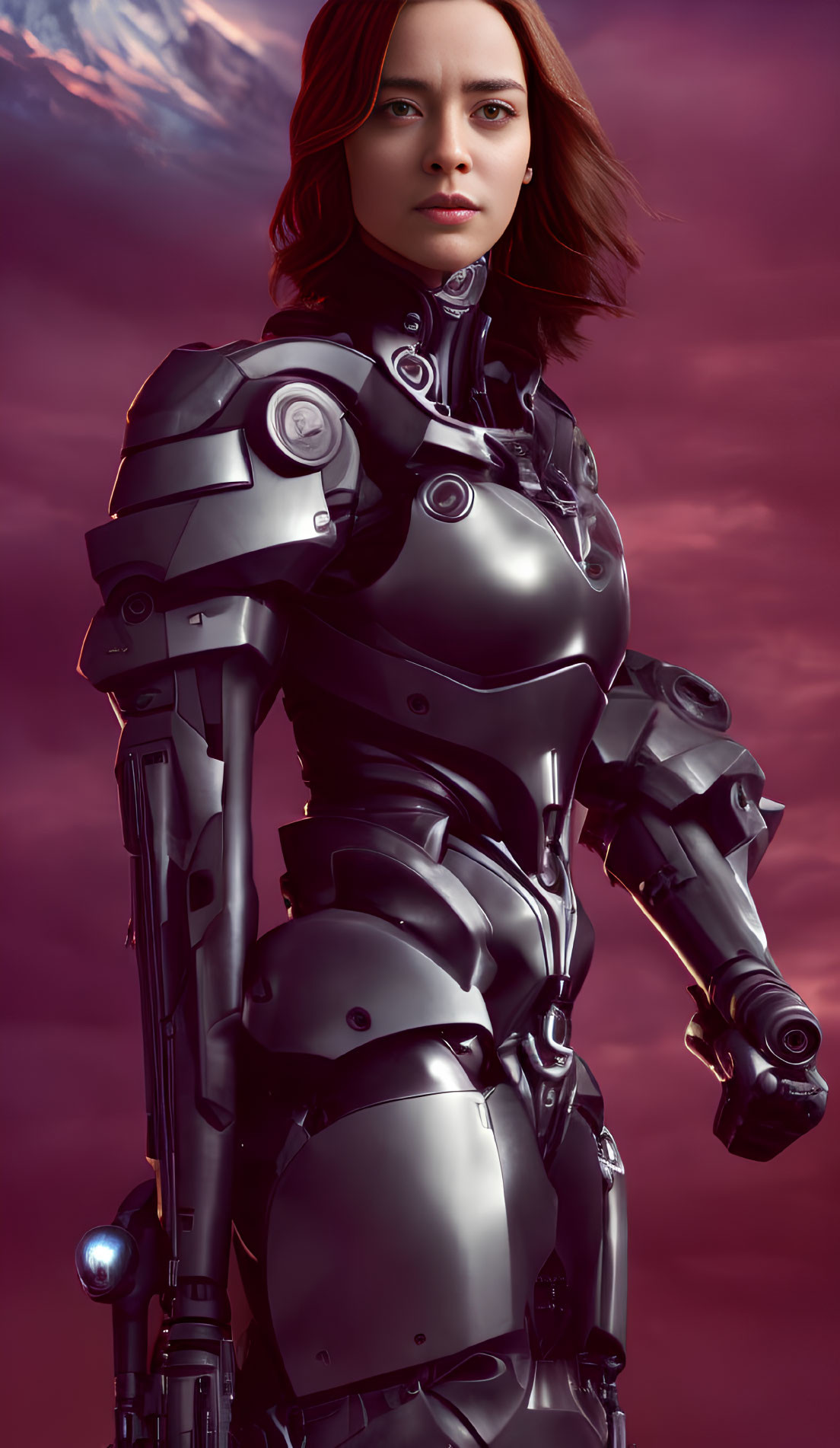 Medium-length hair person in futuristic armored exoskeleton suit against reddish-purple sky