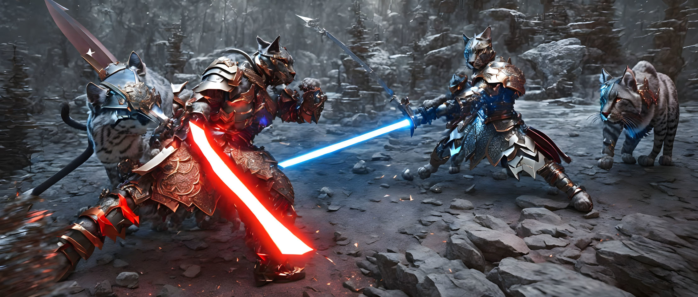 Armored knights with lightsabers and animal companions in rocky terrain