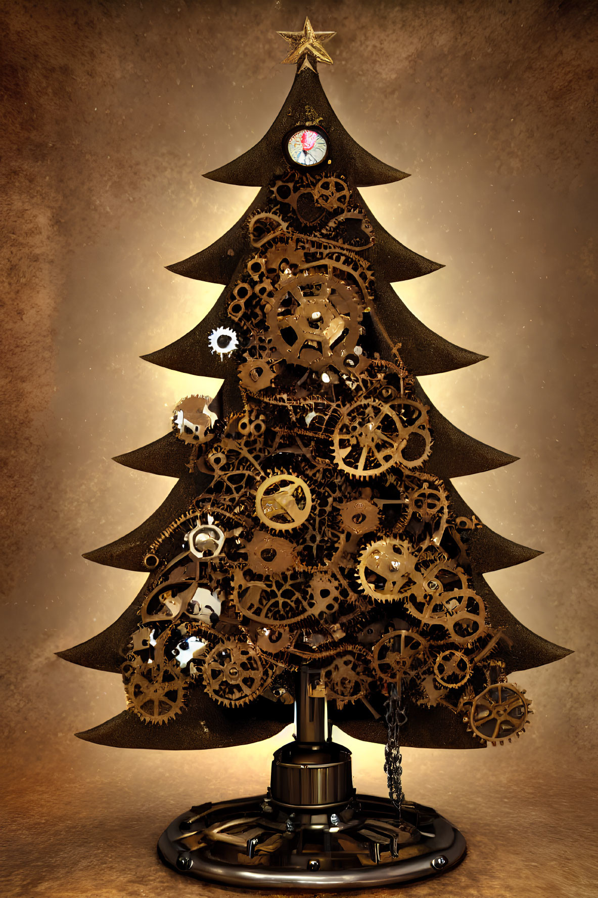 Steampunk-style Christmas tree adorned with bronze gears and cogs, topped with a star