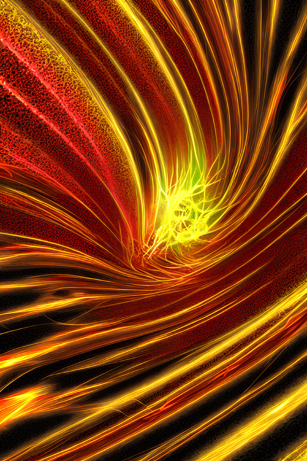 Vibrant abstract fractal art: fiery red, orange, yellow hues