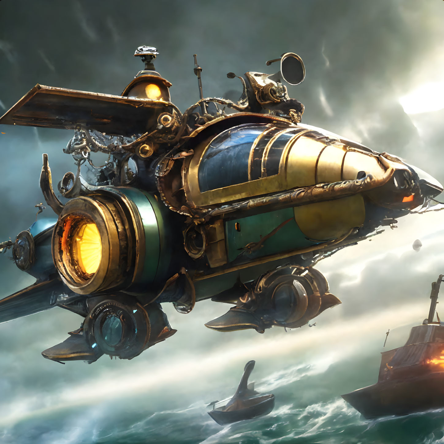 Steampunk submarine soaring over ocean with ships and dramatic sky