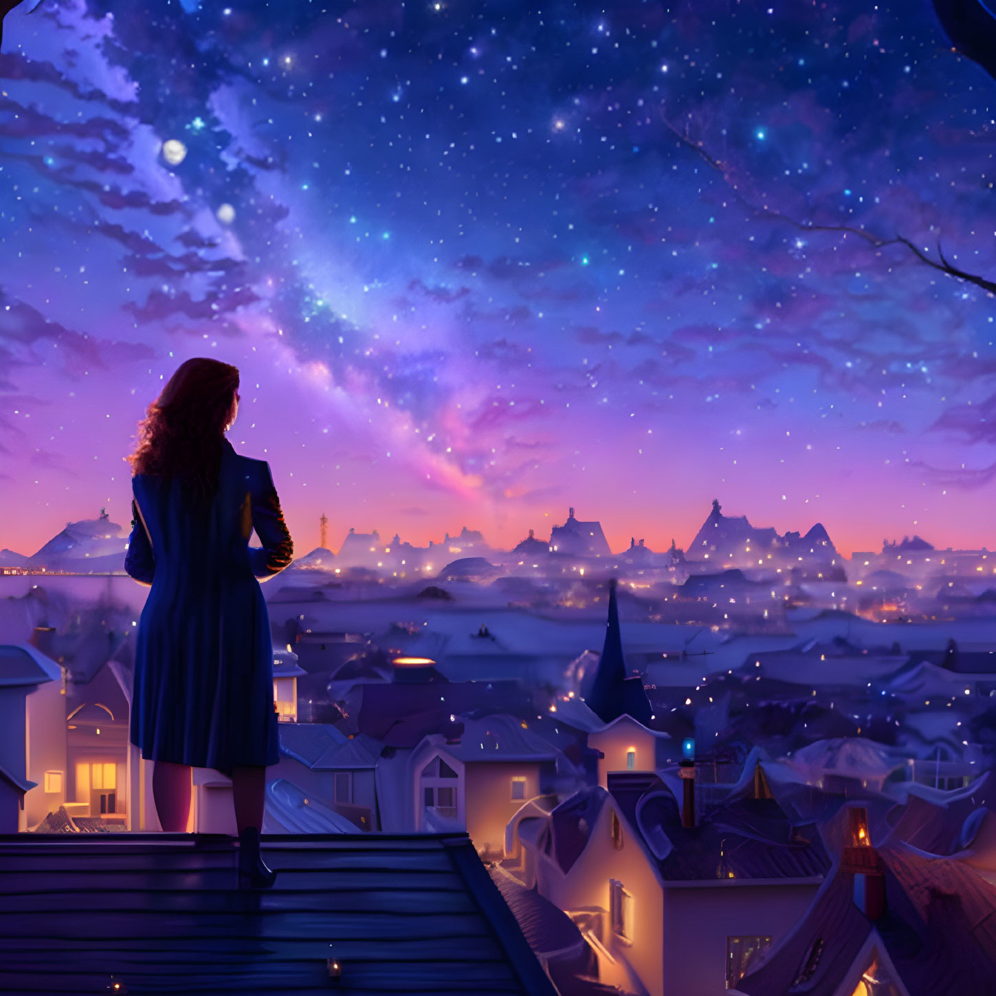 Woman on rooftop admiring starry sky with colorful nebula over snow-covered village